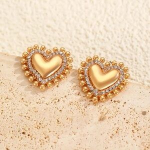 Gold Rhinestone Heart Stud Earrings